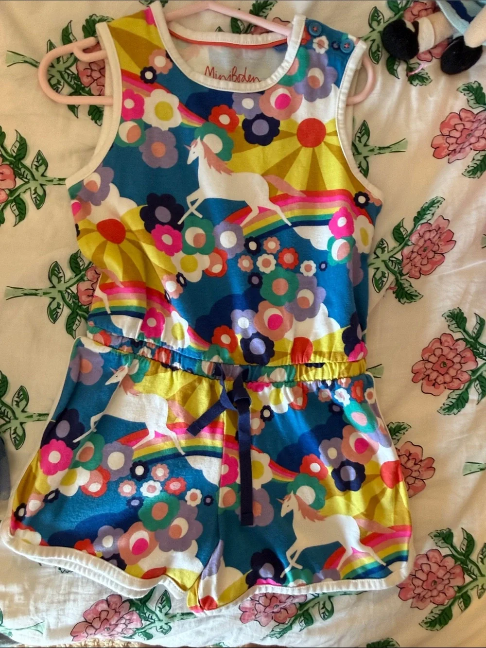 Mini Boden Blue Multi Unicorn & Rainbow Romper